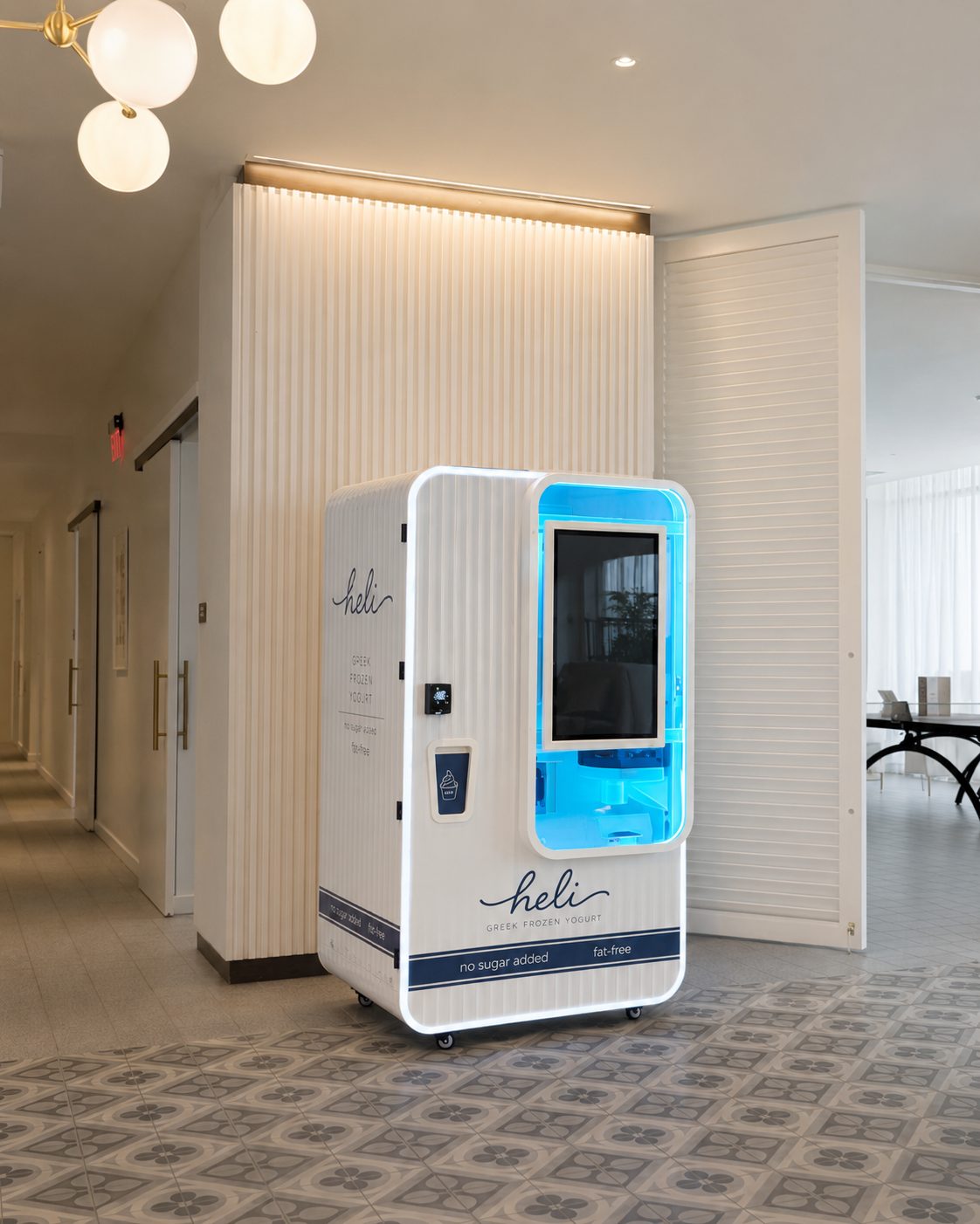 Heli placed in a modern indoor venue near a shared seating area